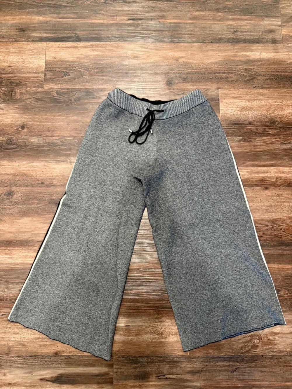 Gabby Isabella Wide Leg Knit Pants Gray and Black Drawstring Waist